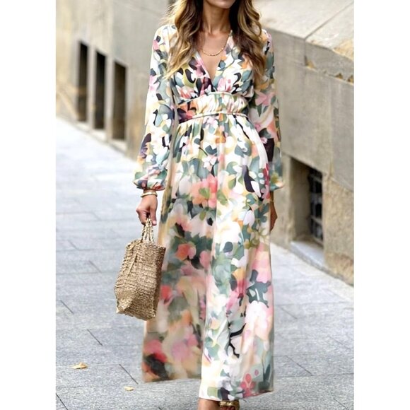 Women's Floral Long Sleeve Maxi Dress V-Neck Boho Fall Wedding Guest - Picture 2 of 6